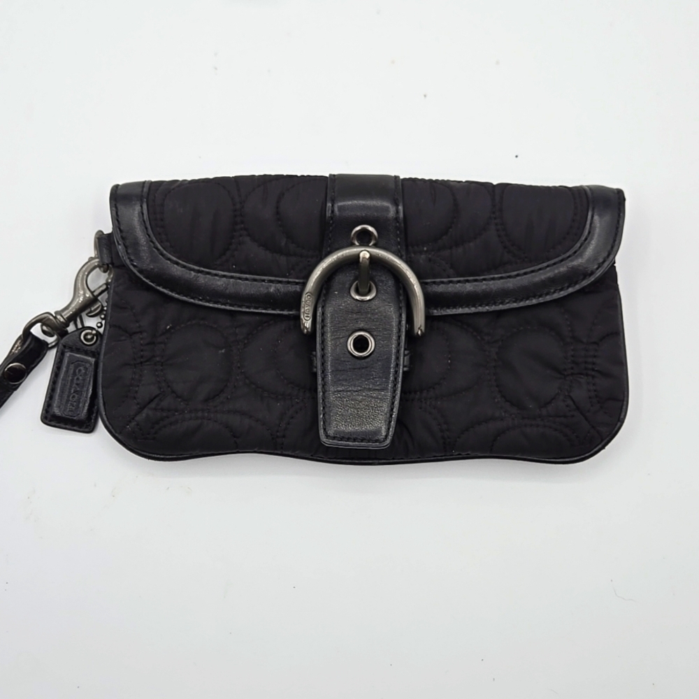 COACH Wristlet Puffer Black Material w/ Signature C Print Chrome Belt Closure